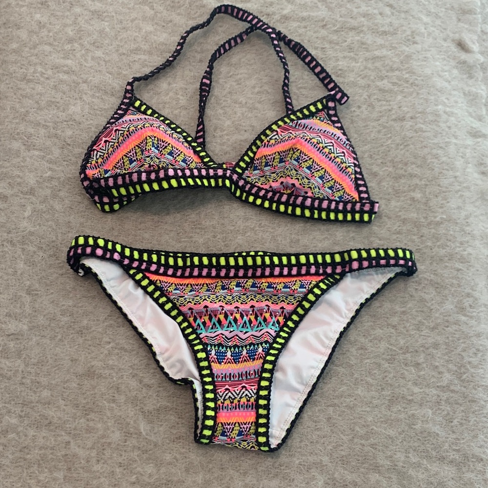 Victoria's Secret Neon Aztec Crochet-Trim Bikini Set Pink & Multi